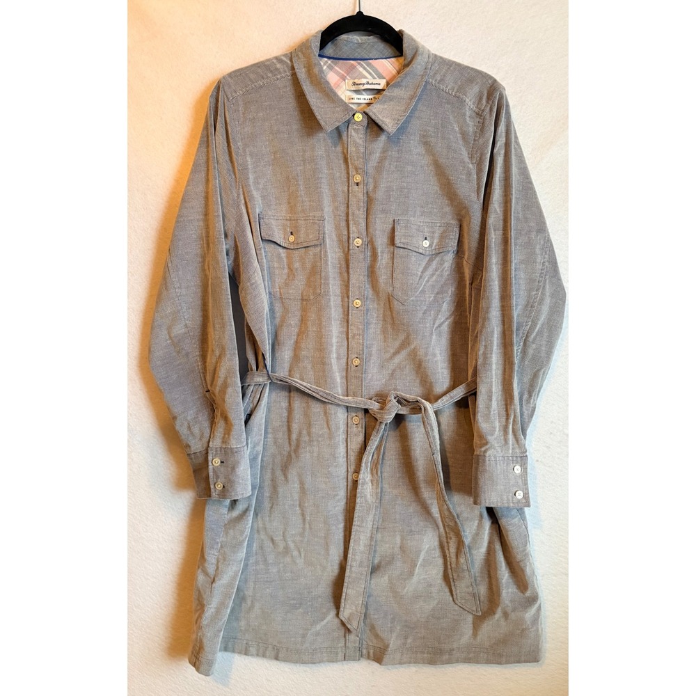 Tommy Bahama Coasta Corduroy Blue Gray Striped Button Up Shirt Dress Belt Size L